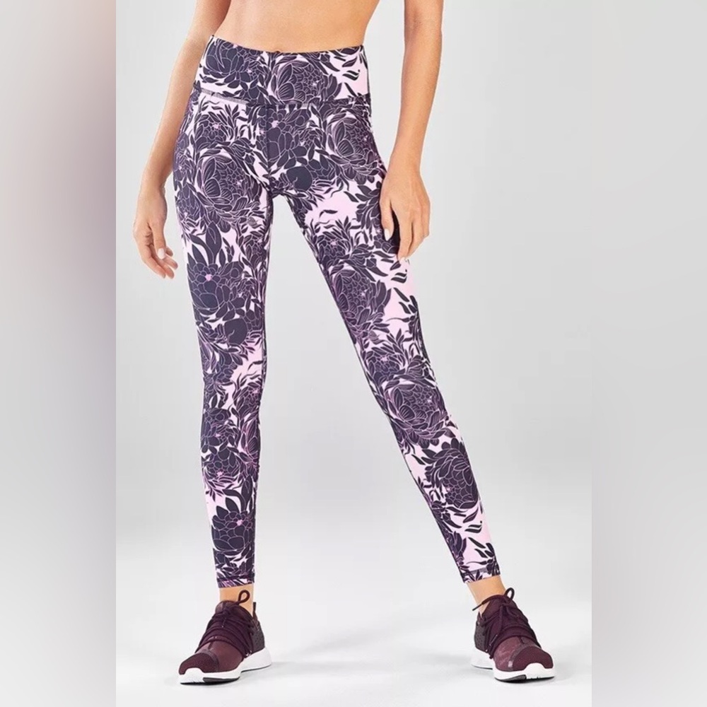 Fabletics Define Mid-Rise Pink Purple Illustrative Peony Floral Print Leggings M